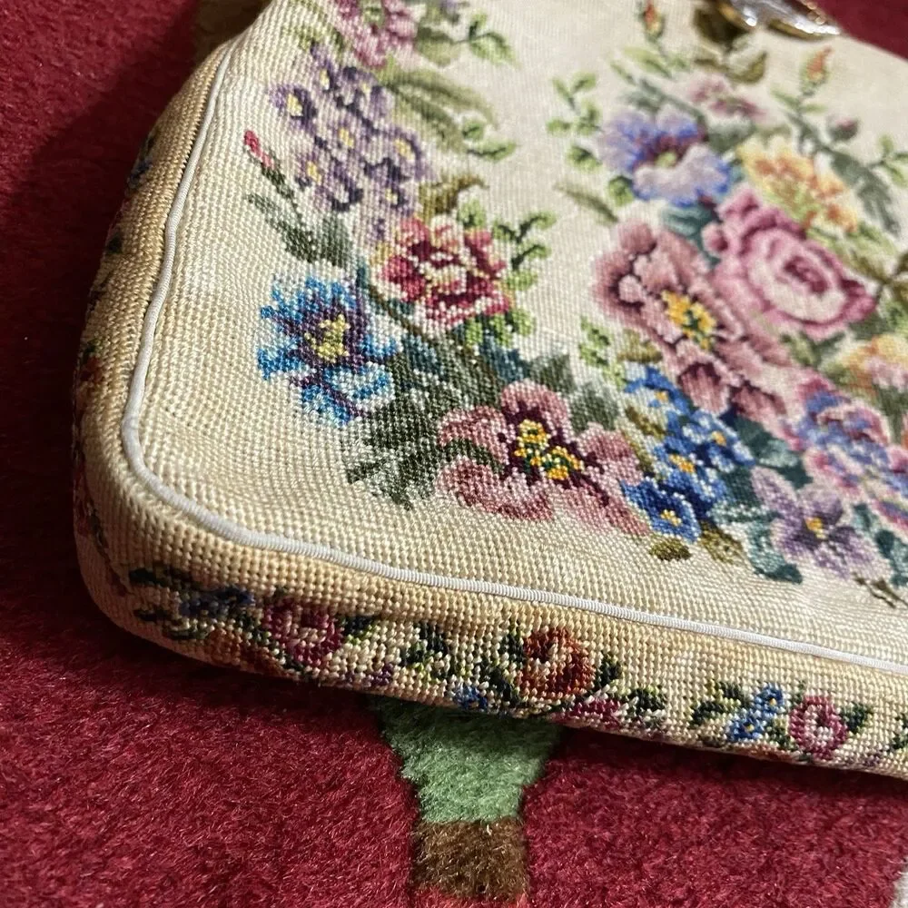 VTG Floral Needlepoint Purse Petit Point 7x10 Handbag Tapestry Handmade Evening